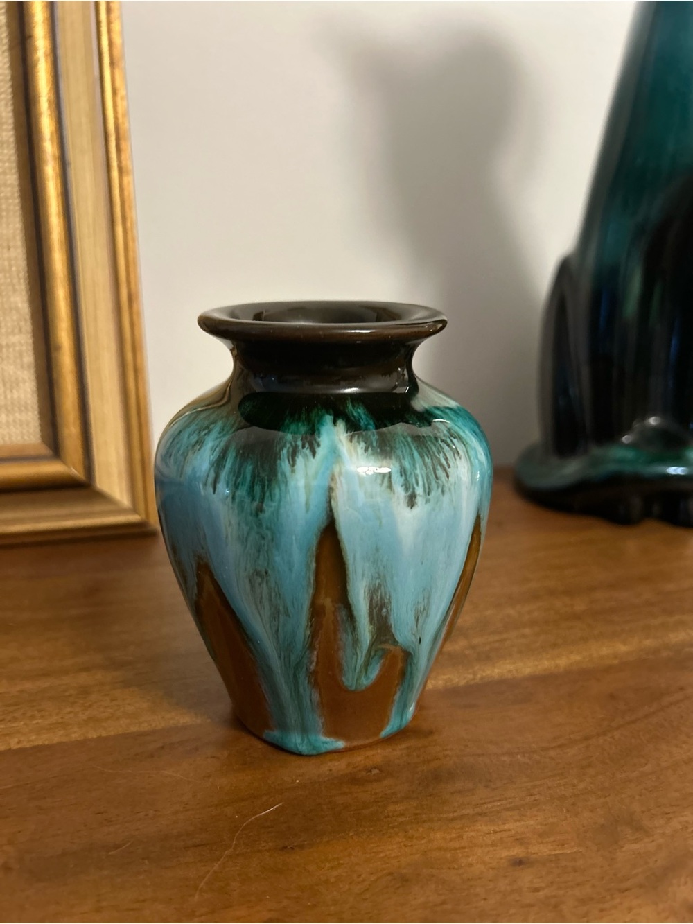 Blue Mountain Pottery Drip-Glaze Mini Vase, Turquoise & Brown, Beachhouse Decor